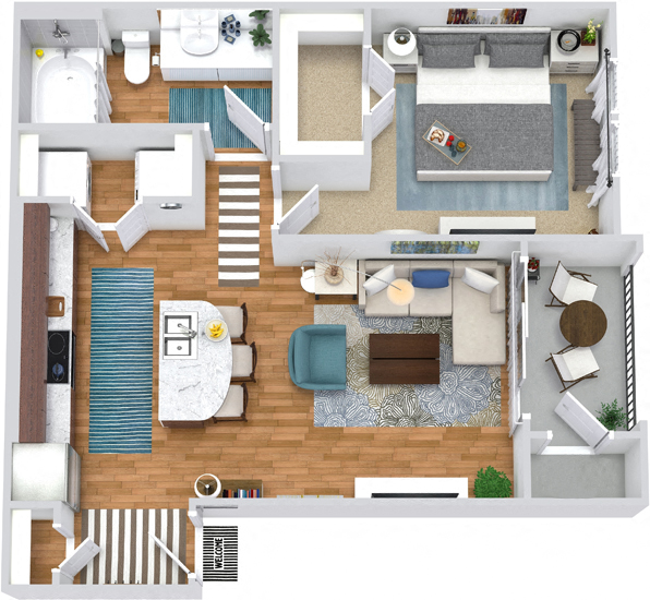 Floor plan for 1 bed, 1 bath, 659 sqft